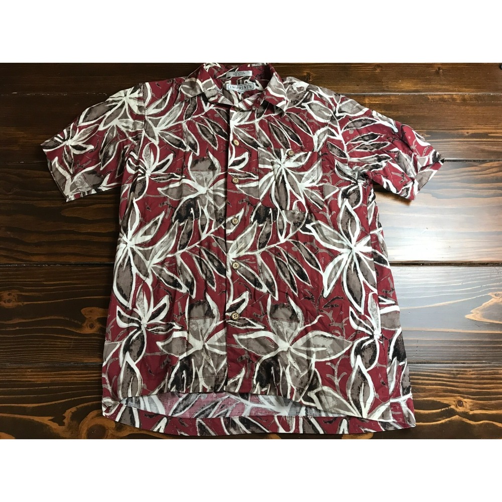 IMPRINTS Shirt Men's Size Small Red Tan Brown Button Up Hawaiian Cork Button